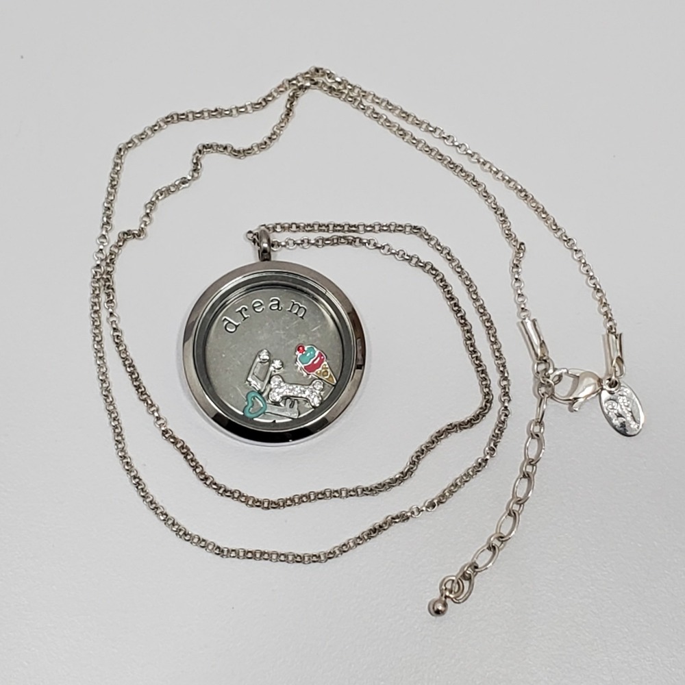 ORIGAMI OWL Chain Necklace‎ Round Dream Pendant W/ Four Rhinestone Enamel Charms